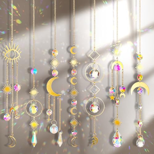 Lot de 7 carillons en cristal attrape-soleil, étoile, lune, arc-en-ciel, boules de cristal pour fenêtre, maison, jardin, Noël, fête, mariage