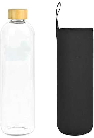 Botella de Agua Cristal 1,5 L 1500 ML con Tapa de Bambú Vidrio Borosilicato con Funda Neopreno Negra Ecológica Reciclable Reutilizable Libre de Tóxicos sin BPA