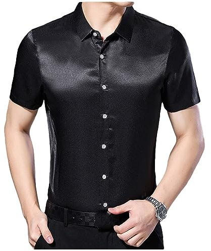 Camisas De Vestir De Satén De Seda Negro para Hombre, Camisa De Esmoquin con Botones De Manga Corta, Blusa Informal para Hombre Black Asian Size 3XL