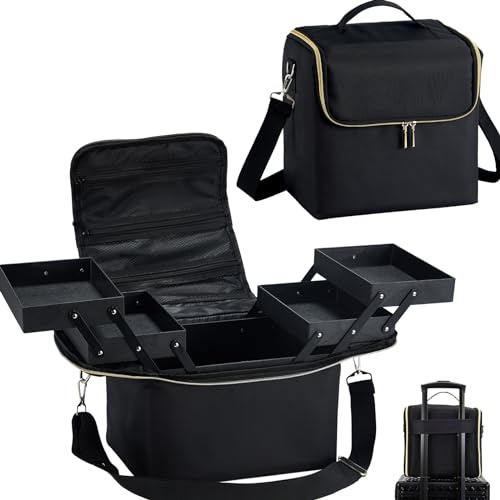 Yueieoun Large Travel Makeup Train Case, Big Makeup Bag Organizer Makeup Box,4 Tier Professional Cosmetic Storage Cases for Nail Tech Tattoo Storage Bag for Equipment and Supplies with luggage Sleeve