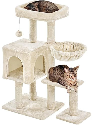 Yaheetech Kratzbaum 96 cm hoch Katzenbaum Kletterbaum für Katzen, mit Sisal Plüsch Katzenhöhle und Korb, Beige