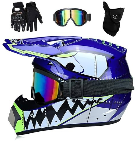 Youth Kid ATV Motocross Helmet, with Goggles Mask Gloves, Full-Face MTB Off Road Enduro Karting Motorbike Helmet, Unisex Downhill BMX Racing Quad Dirt Bike Crash Helmet (Color : M, Size : L/56-57CM