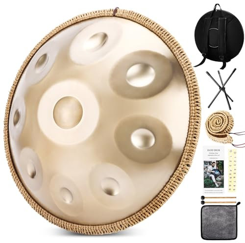 BIILOYY Handpan Drum, 22 Zoll 9/10/12/ Note 432/440 Hz Steel Tongue Drum in D-Moll Steel pan für Yoga-Meditation, Klangheilung (Gold, 10 Töne- 432Hz)