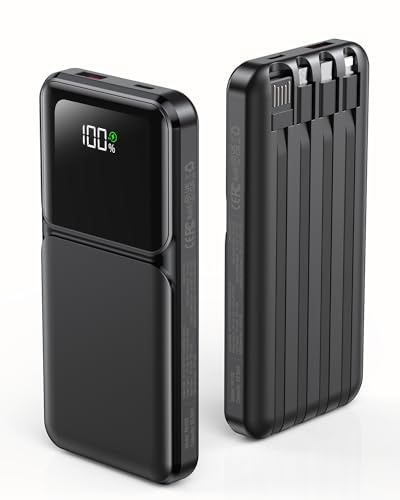 Power Bank 15,000mAh Built-in 4 Cables, Portable Charger USB C 22.5W Fast Charging Powerbank, PD20W Power Bank with LED Display for Smartphone