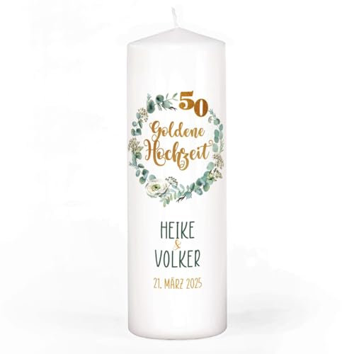 Herz & Heim® Kerze zur Goldenen Hochzeit, 4 Motive mit Eukalyptus zur Wahl, personalisiert mit Namen & Datum (Motiv 4)