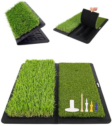 LIBERRWAY Golf Mat, Foldable & Replaceable Golf Hitting Mat with Fairway and Rough Synthetic Turf, Golf Practice Mat Include 5 Tees for Indoor and Outdoor
