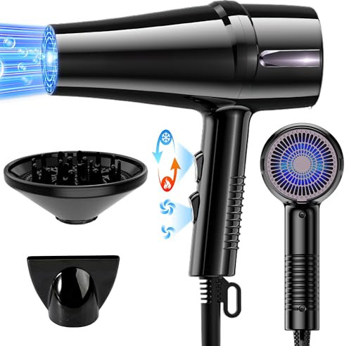 OYLCDI Hochgeschwindigkeits-Haartrockner, Fön, Föhn mit Diffusor, Stylingdüse & Halterung (Schwarz-1)