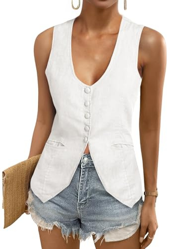 Tankaneo Womens Scoop Neck Blazer Vest Summer Linen Sleeveless Fitted Waistcoat Work Casual Cotton Suit Tops