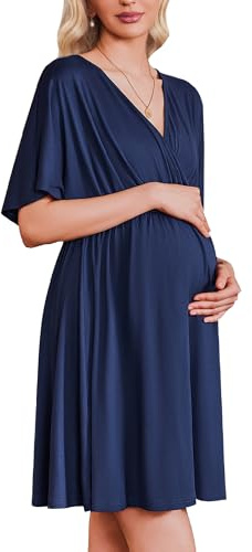 Ekouaer Labor and Delivery Gown for Hospital Maternity Nursing Dress Nightgown Pajamas for Breastfeeding Navy Blue M