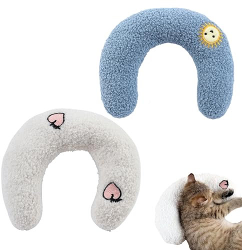 CPRNQY 2 Stück Hunde- und Katzenkissen - U-Förmiges Haustierkissen zum Schlafen, Flauschig für Haustiere, Weiß+Blau
