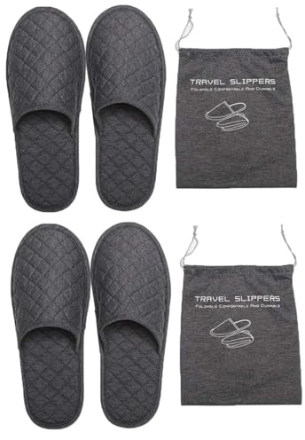 ITODA Portable Travel Slippers Folding Open Toe Sandals Non-Disposable Spa Hotel Slippers Washable Cotton Party Guest Room Indoor Shoes Women Men Business Anti-skid Trip Flight Slippers (2Pcs-Grey)