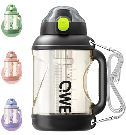 QWE Gym Plastic PPSU Water Bottles for men with Straw and Handle,Lightweight,54oz Large High-capacity for Hiking&Camping,Heat-resisting,Reusable, BPA Free,Double Drinking,leak proof(Black)