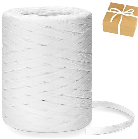 Naturbast Papierband, 200 m Raffia Bastband, Raffia Papierband, Raffia Papierschnur für Geschenkverpackung, Basteln, Weihnachten, Hochzeit, Geburtstag, Party, Weiß