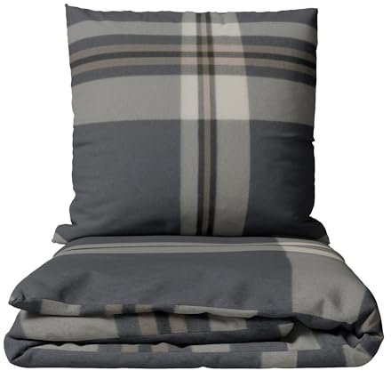 Leonado Vicenti Feinbiber Bettwäsche Kariert in Grau & Beige 135x200 cm + 80x80 cm Kissenbezug mit verdecktem Reißverschluss