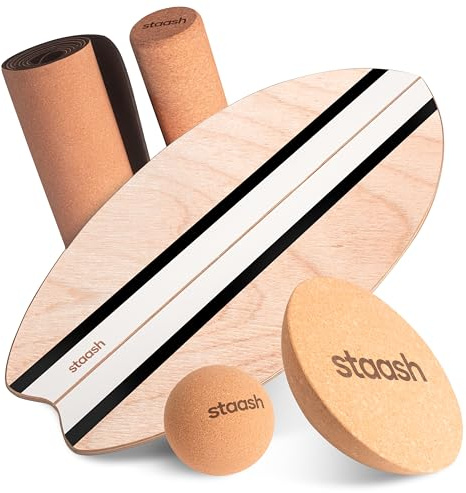 STAASH® Balansbräda i Trä Premium – Balance Board 5-i-1 Set: Bräda + Rulle + Halvklot + Boll + Korkmatta – Gratis STAASH Träningsapp – Fitness, Yoga, Surf, Rehabilitering & Balansträning