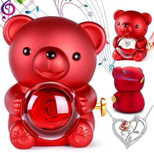 Aloskart Idea Regalo Donna Orsetto con Collana e Rosa Eterna, Orso di Rosa Eterna con Carillon a Manovella, Idee Regalo San Valentino Lei, Orso Rosa Stabilizzata, Regalo per Compleanno e Natale