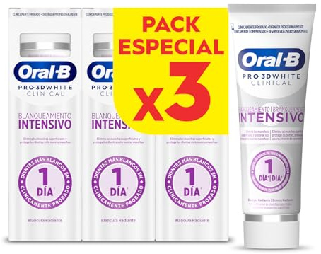Oral-B Pro 3D White Clinical Blanqueamiento Intensivo Dentífrico Blanqueante, 3x75ml - Pasta de Dientes Blanqueadora con Sabor a Menta Siempreverde, Elimina Las Manchas Superficiales