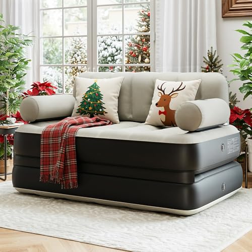 DWVO Air Sofa Bed Mattress with Headboard, Queen Size Inflatable Sofa Bed with Pump & Cup Holders, Blow Up Couch for Home/Apartment/Camping, Gray & Black