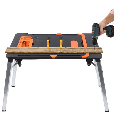 MEHOOSPVN Banco de trabajo profesional plegable 7 en 1 – Banco de trabajo portátil, multifuncional, altura ajustable, 139 x 59 x 78 cm, para bricolaje y manualidades, como caballete de sierra, tabla