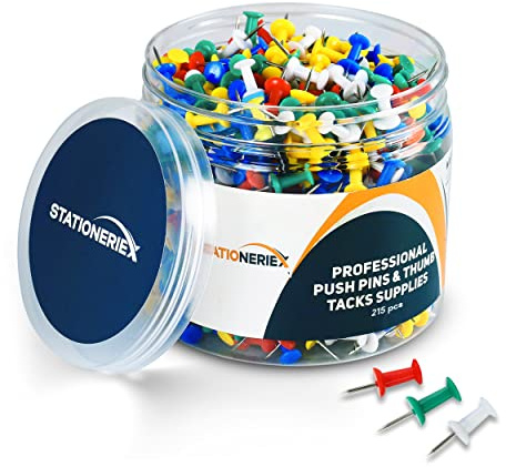 215 Assorted Colors Push Pins for Bulletin Board Thumb Tacks for Wall Corkboard Map Calendar Photo -Home Office Craft Projects Heavy Duty Plastic Head Steel Pin (Assorted Colors)