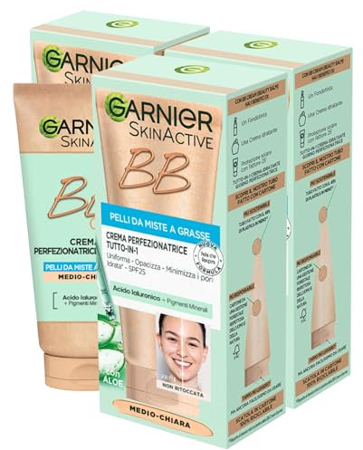Garnier SkinActive BB Cream All in 1 Perfecting Face Cream Combination to Oily Skin SPF 25 Aloe Vera Hyaluronic Acid Moisturising Mattifying Medium-Clear Skin Tone - 3 x 50ml bottles