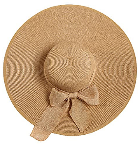 Strohhut für Damen, große Schleife, breite Krempe, faltbar, aufrollbar, Sommerhut, Sonnenhut, LSF 50+ (Kopfumfang 55,9–60 cm), Khaki