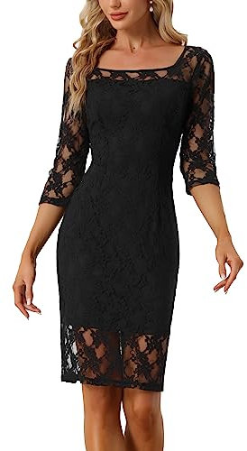 Allegra K Lace Dress for Women Elegant 3/4 Sleeve Square Neck Bodycon Cocktail Dresses Black M