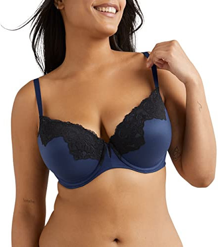 Maidenform Comfort Devotion Your Lift Underwire Bra with Lace Trim, Convertible Straps Reggiseno, Opaque, Navy Eclipse/Black, 4A Donna