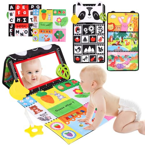 Venditer Baby Spielzeug 0-12 Monate, Baby Spiegel Spielzeug mit Knisterbuch, Bauchlage Spielzeug Baby 1 2 Jahr Schwarz Weiß Kontrastmuster, Stoffbuch Baby Montessori Spielzeug Baby Junge Mädchen