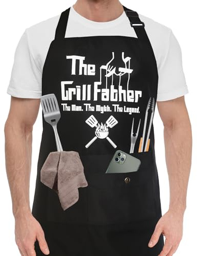 Funny Chef Apron for Men, BBQ Dad Aprons for men with 3 Pockets Cooking Grill Kitchen Aprons- The Grill father - Birthday Father's Day Christmas Gifts for Dad, Step Dad, Father in Law, Husband