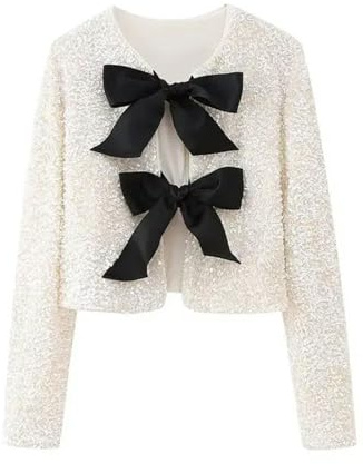 Female High Street Tops Solid O-Neck Long Sleeves Sequins Bow Tie Decorate Women's Autumn Blouses White