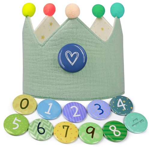 Ochomasun Geburtstagskrone Musselin -Umkehrbar Geburtstagskrone Junge & Mädchen, Klettbuttons mit Zahlen von 0-9, Geschenk für Krone Kindergeburtstag