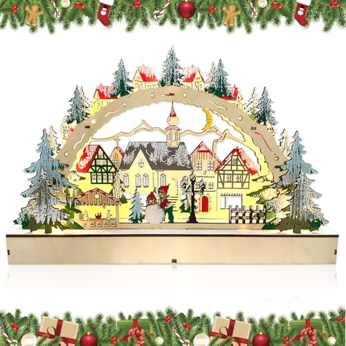 Lets Joy Luci di Natale in Legno, Arco Luminoso di Natale LED, Villaggio di Natale Luminoso, Innevato di Natale LED, Decorazione Natalizia, Natalizie Ornamenti in Legno Regali di Natale