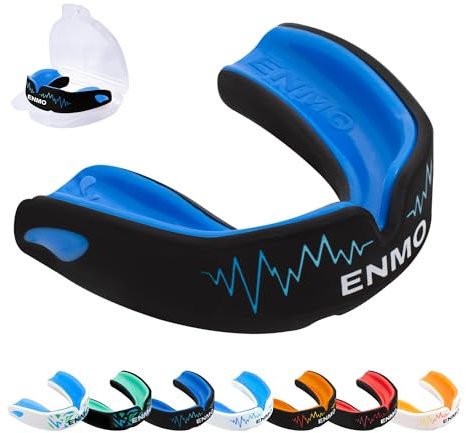 Enmo Maxilla Pro Gum Shield - Adult & Junior 10+ Mouth Guard with Case for Rugby, Boxing, Hockey and Contact Sports - Mouthguard with Boil & Bite, Breathing Channel Tech, Triple Layer - Black/Blue