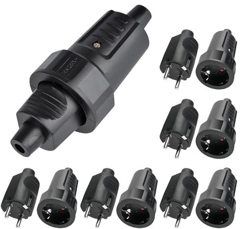 Sporgo 5x Schuko Stecker Kupplung: Stecker 230V IP44 Aussenbereich Schutzkontaktstecker mit Knickschutz, 2-Poliger 16A & 3,7kW Gummi Kupplung für Außenbereich, Schwarz Schukostecker Kupplung 230V