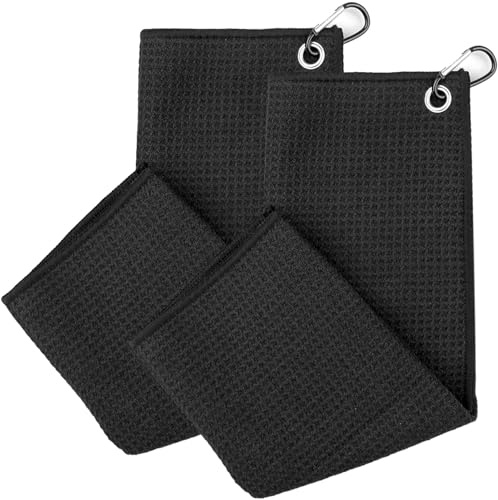Asciugamano da Golf 2 Pezzi,Asciugamano da Golf in Microfibra,Asciugamani da Golf,Asciugamano da Golf Ripiegabile,Con Moschettone,per Sport All'aria Aperta,Fitness,Jogging,Ciclismo,40 x 40cm(Nero)