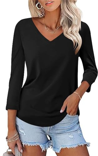 Rapbin Women Blouses 3/4 Length Sleeve V Neck Tunic Tops Floral Boho Shirts | Ladies Bohemian Casual Loose Fit 2026 Summer Autumn Solid Elegant T Shirts Lightweight Modern Blouse
