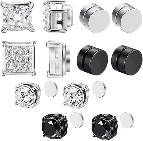 12 PCS Magnetic Earrings for Men, Men's Earrings, Men in Silver and Black Clip on Women Men for Birthdays Anniversaries