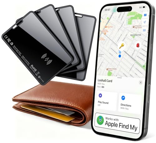 Slim Wallet Tracker Carte Lot de 4, Rechargeable Smart Air Traceur Tag Card Compatible avec Apple Localiser (iOS Uniquement), Bluetooth Localisateurs D’Objets pour Portefeuille Clés Bagages Valise
