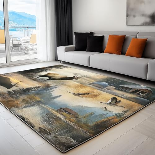 Generico Tappeto lavabile in lavatrice Patchwork Di Animali, Cervi E Orsi 120 x 180 cm Camera da letto Home Decor Tappeto Beige, per Camera Sala da Pranzo Cameretta Bambino Ufficio