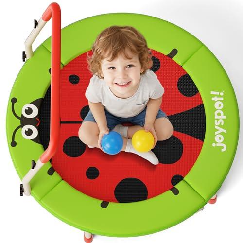 Ladybug 3FT Toddler Trampoline, 36” Foldable Mini Trampoline with Adjustable Handle for Kids Ages 3-6, ASTM Certified Indoor Outdoor Kids Jumper with Safety Padded Cover, Boy Girl Gift Supports 100LBS