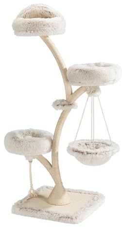 Fudajo Árbol rascador de diseño para gatos 3 plataformas de descanso y columpio 59 x 59 x 169 cm, compacto, capacidad hasta 15 kg, poste arañador de sisal cojines extraíbles de fácil limpieza y juegos