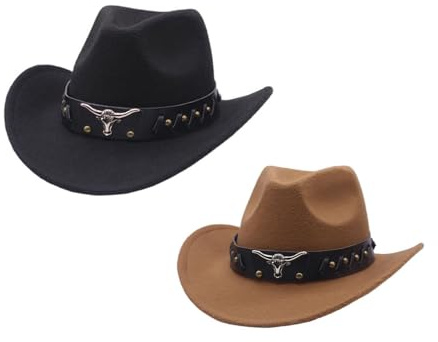 Generisch 2 Stück Cowboy Hut Damen Und Herren, Cowboyhut Fasching, Unisex Cowboyhut, Cowgirl Kostüm Damen, Westernhut Mit Stierkopf-Dekor, Retro Klassischer Western-Stil Partyhut Foto Requisiten