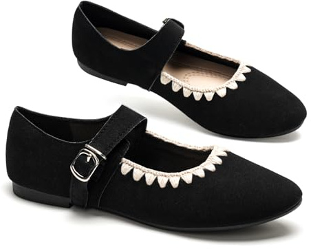 GLAMORA Bailarinas Mujer con Hebilla Cierre Rápido Zapatos Planos Punta Redonda Mary Jane Cómodos Ajuste Seguro Borde Decorativo Cosido Calzado Primavera Verano black-37