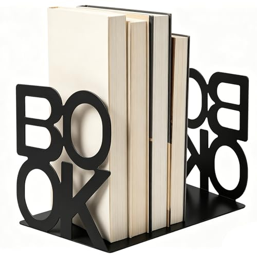 Bookends, Metal Bookends, Book Ends – Hollow Letter Design with Non-Slip Rubber Pads, 14 x 13 x 13 cm, Ideal for Students, Desks & Shelves (Black)