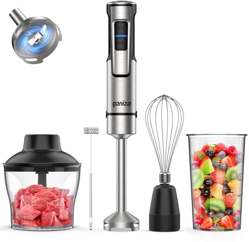 Ganiza Frullatore a immersione 5 in 1, 1200 W con controllo della velocità e modalità Turbo, in acciaio inossidabile, completo di tritatutto, frusta, montalatte e misurino, ideale per zuppe e frullati
