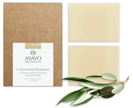 ASAVO Premium Olivenölseife, handgemachte BIO Seife mit extra-nativem Olivenöl, 100% Naturseife, Olivenseife ohne Parfümzusatz, vegan, 2x95g
