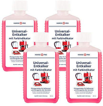 HANSE PRO Entkalker mit Farbindikator, 4 x 250 ml I Flüssig-Entkalker I Universal-Entkalker I Kalklöser I für Kaffeevollautomaten, Kaffee-Maschinen, Wasserkocher, Bügeleisen, Kaffee-Padmaschinen