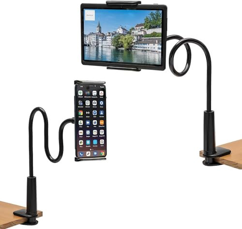 CLMCL Gooseneck Tablet Holder,Adjustable Tablet Holder Mount,Cell Phone Holder,Cell Phone Stand,Tablet Stand,Long Arm Bed Desk Bracket for cell phones and tablets 4-11 Inches Device (Black)