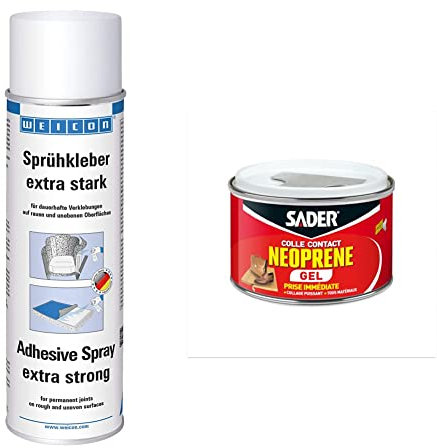 WEICON Spray Adhésif Extra Fort 500 ml/Adhésif universel/Pouvoir adhésif élevé & Sader Colle Contact Néoprène Gel – Colle Extra Forte Tous Matériaux – Prise Immédiate